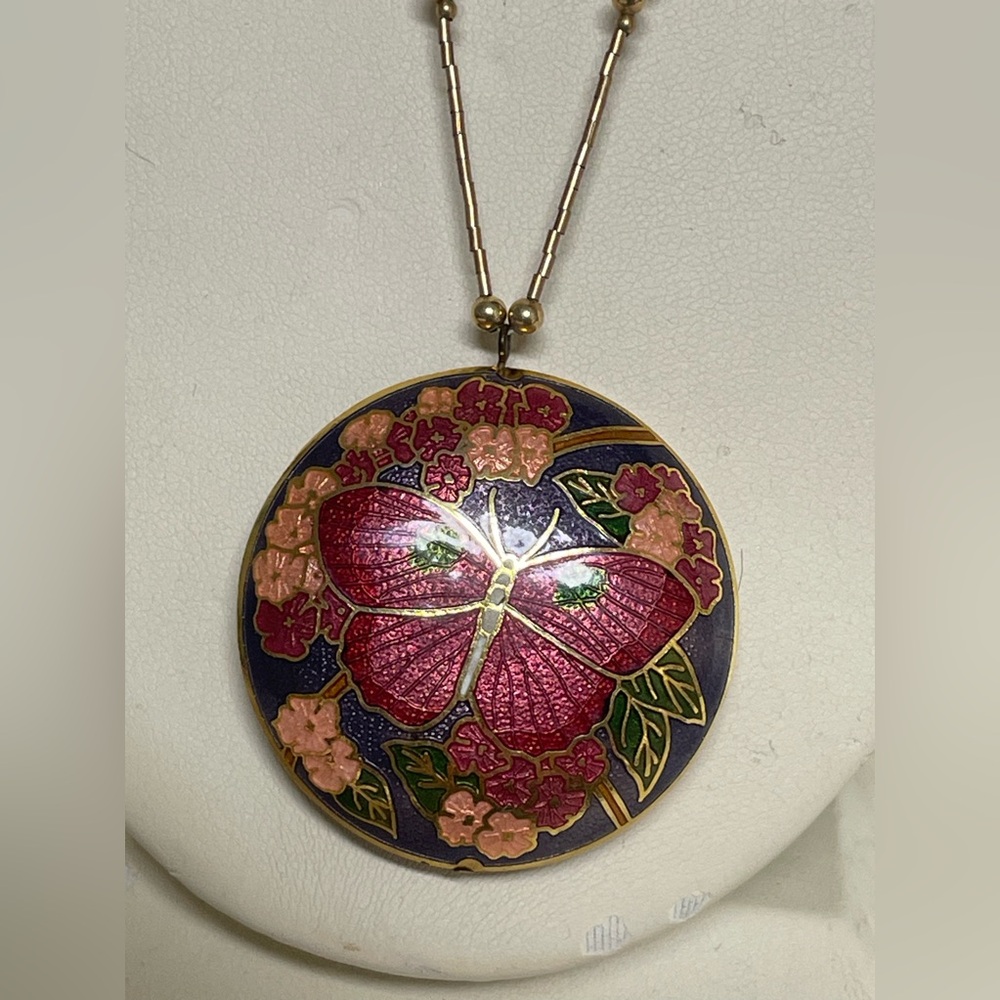 Vintage Cloisonné gold red Butterly in floral theme reversible pendant necklace